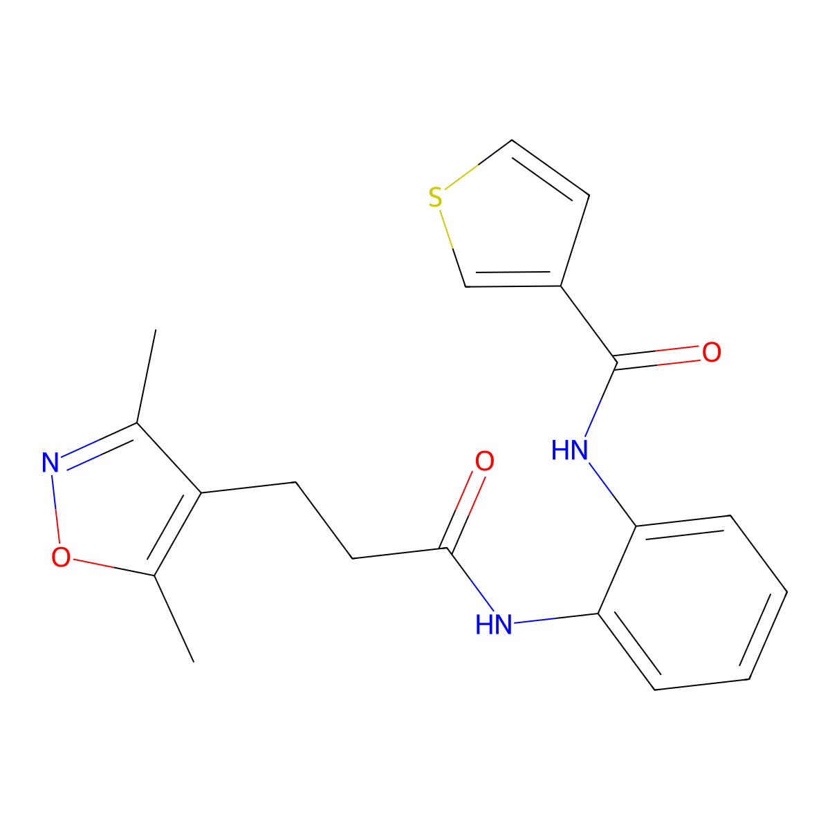N-(2-(3-(3,5-dimethylisoxazol-4-yl)propanamido)phenyl)thiophene-3-carboxamide molecular structure, CAS 1207044-26-5
