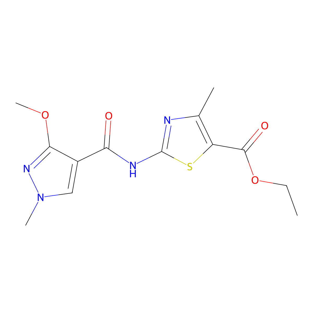 ethyl 2-(3-methoxy-1-methyl-1H-pyrazole-4-carboxamido)-4-methylthiazole-5-carboxylate molecular structure, CAS 1207044-28-7
