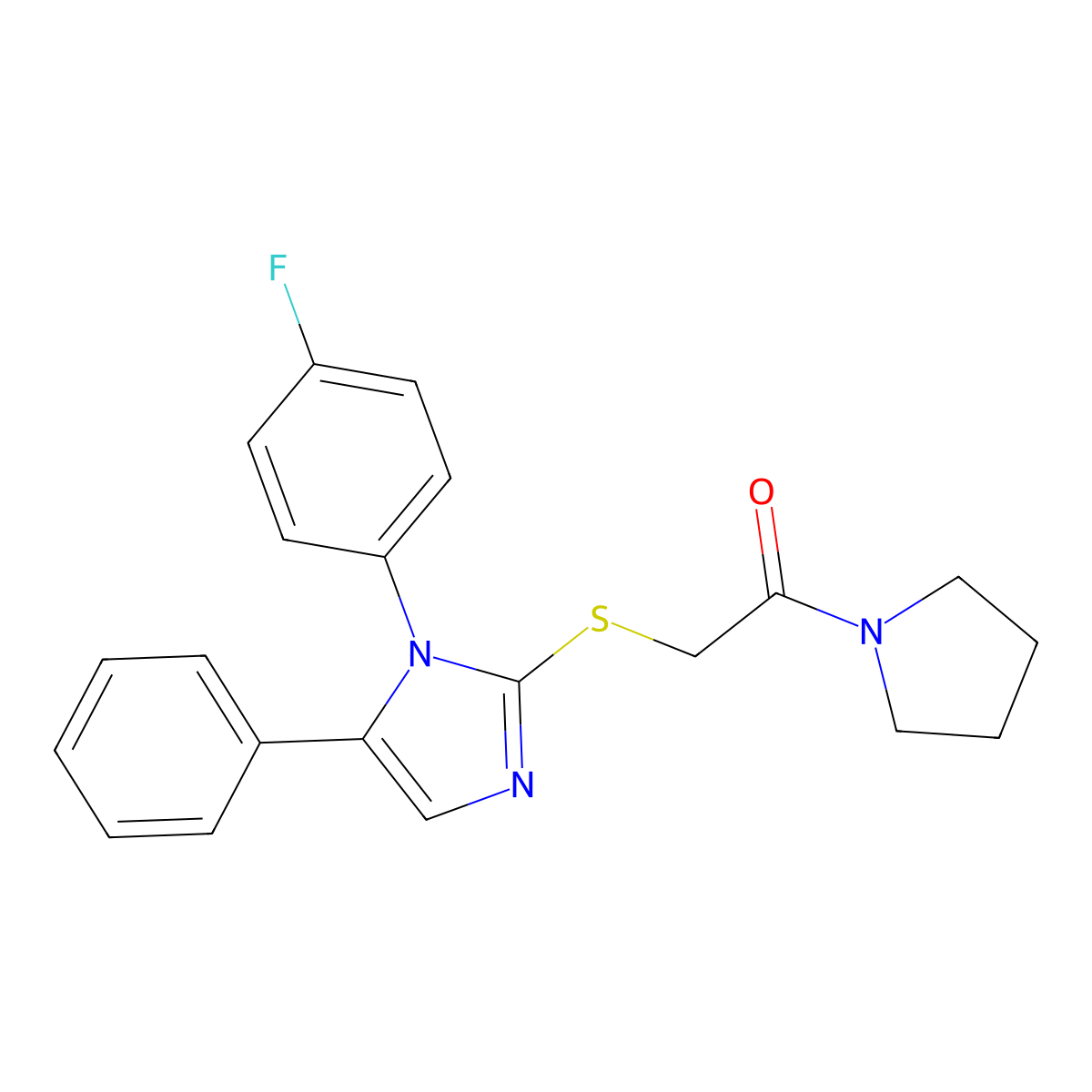 2-((1-(4-fluorophenyl)-5-phenyl-1H-imidazol-2-yl)thio)-1-(pyrrolidin-1-yl)ethanone molecular structure, CAS 1207044-30-1