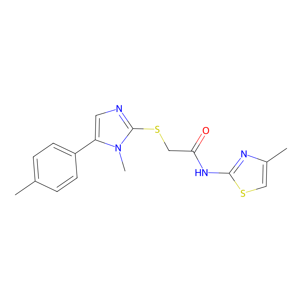 2-((1-methyl-5-(p-tolyl)-1H-imidazol-2-yl)thio)-N-(4-methylthiazol-2-yl)acetamide molecular structure, CAS 1207044-37-8