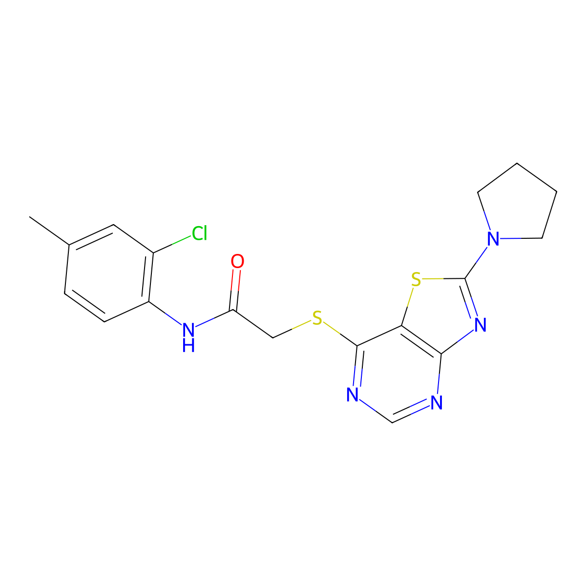 N-(2-chloro-4-methylphenyl)-2-((2-(pyrrolidin-1-yl)thiazolo[4,5-d]pyrimidin-7-yl)thio)acetamide molecular structure, CAS 1207044-38-9