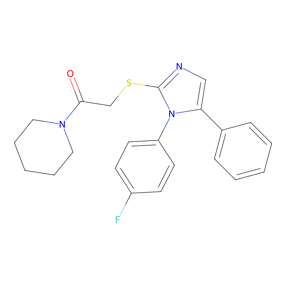 2-((1-(4-fluorophenyl)-5-phenyl-1H-imidazol-2-yl)thio)-1-(piperidin-1-yl)ethanone molecular structure, CAS 1207044-49-2
