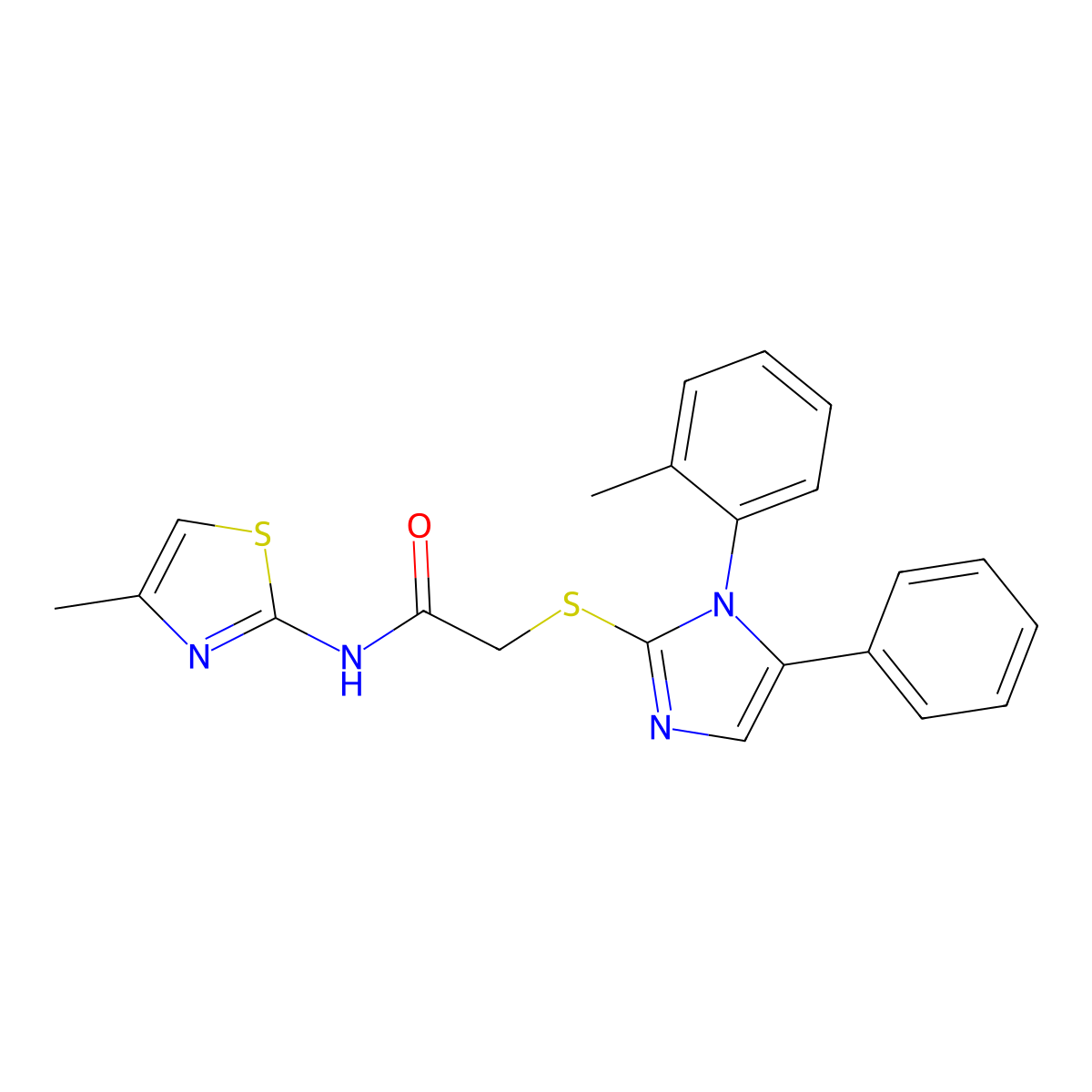 N-(4-methylthiazol-2-yl)-2-((5-phenyl-1-(o-tolyl)-1H-imidazol-2-yl)thio)acetamide molecular structure, CAS 1207044-57-2