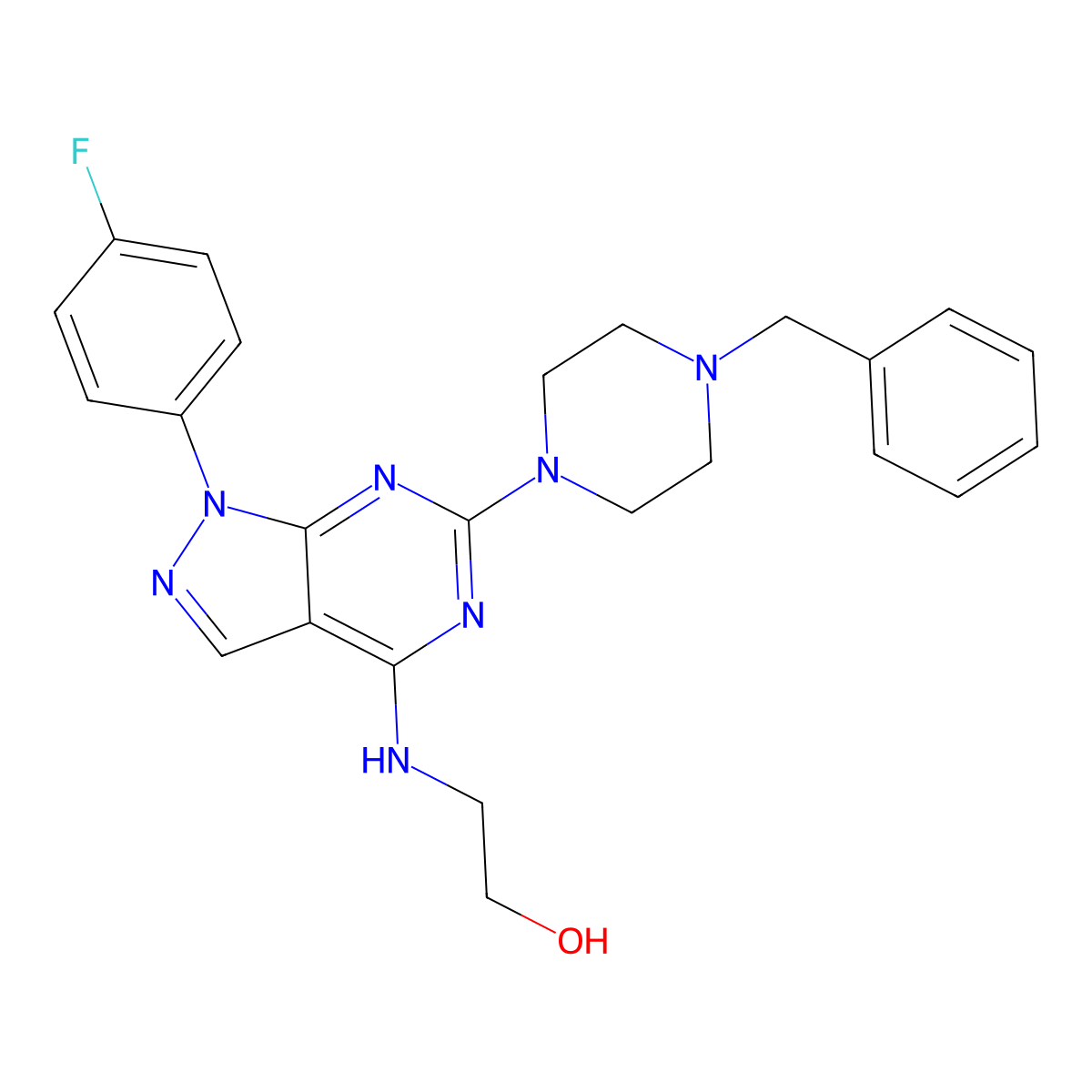 2-((6-(4-benzylpiperazin-1-yl)-1-(4-fluorophenyl)-1H-pyrazolo[3,4-d]pyrimidin-4-yl)amino)ethanol molecular structure, CAS 1207044-60-7