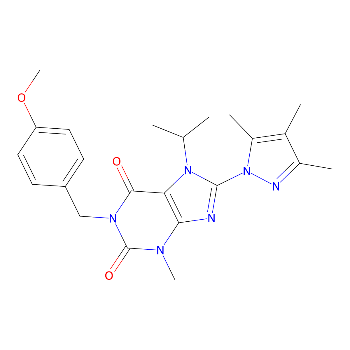 7-isopropyl-1-(4-methoxybenzyl)-3-methyl-8-(3,4,5-trimethyl-1H-pyrazol-1-yl)-1H-purine-2,6(3H,7H)-dione molecular structure, CAS 1207044-62-9