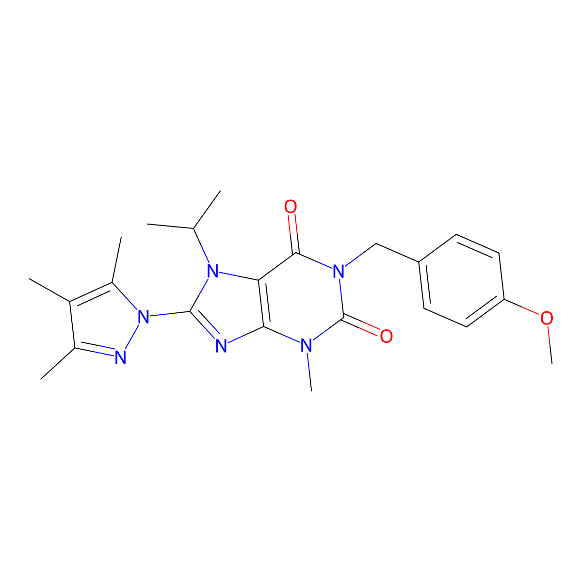 7-isopropyl-1-(4-methoxybenzyl)-3-methyl-8-(3,4,5-trimethyl-1H-pyrazol-1-yl)-1H-purine-2,6(3H,7H)-dione molecular structure, CAS 1207044-62-9