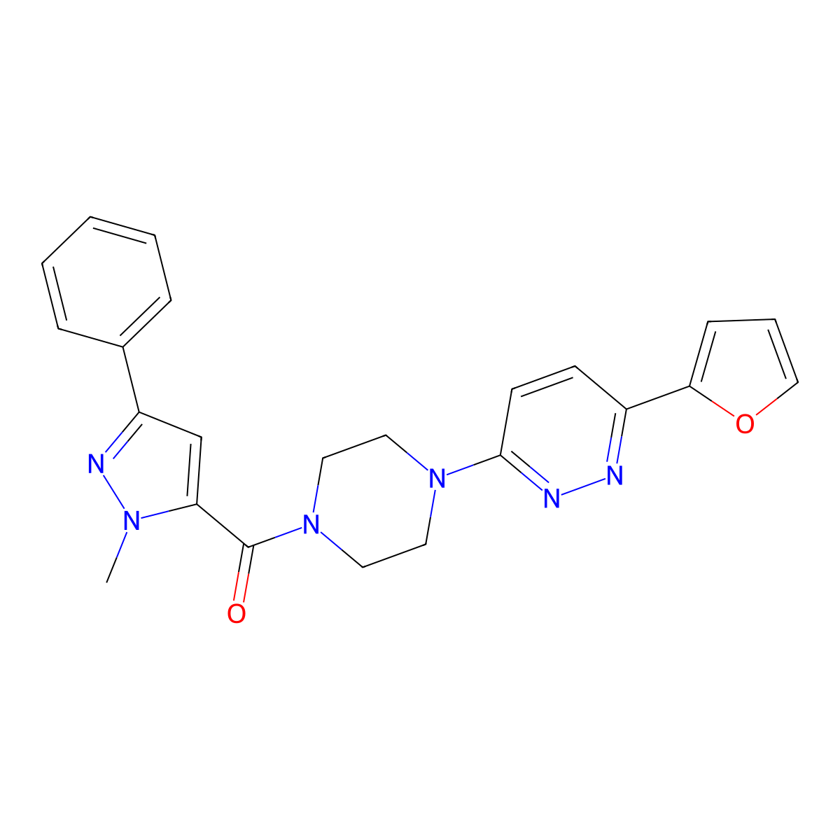 (4-(6-(furan-2-yl)pyridazin-3-yl)piperazin-1-yl)(1-methyl-3-phenyl-1H-pyrazol-5-yl)methanone molecular structure, CAS 1207044-85-6