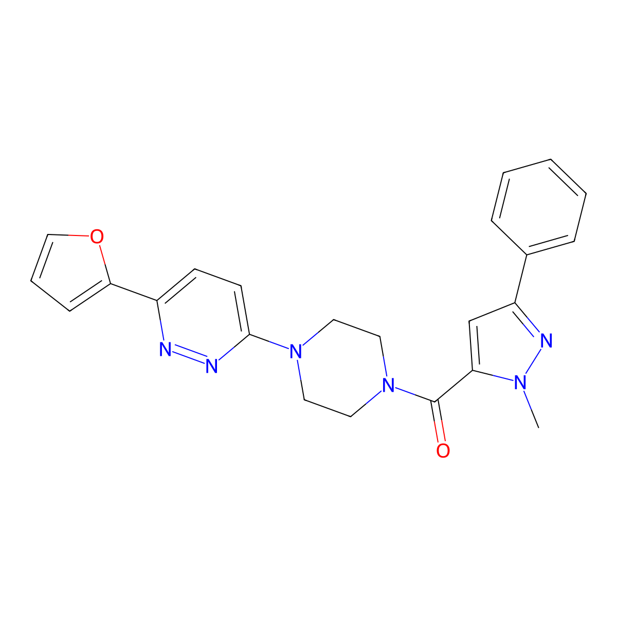 (4-(6-(furan-2-yl)pyridazin-3-yl)piperazin-1-yl)(1-methyl-3-phenyl-1H-pyrazol-5-yl)methanone molecular structure, CAS 1207044-85-6