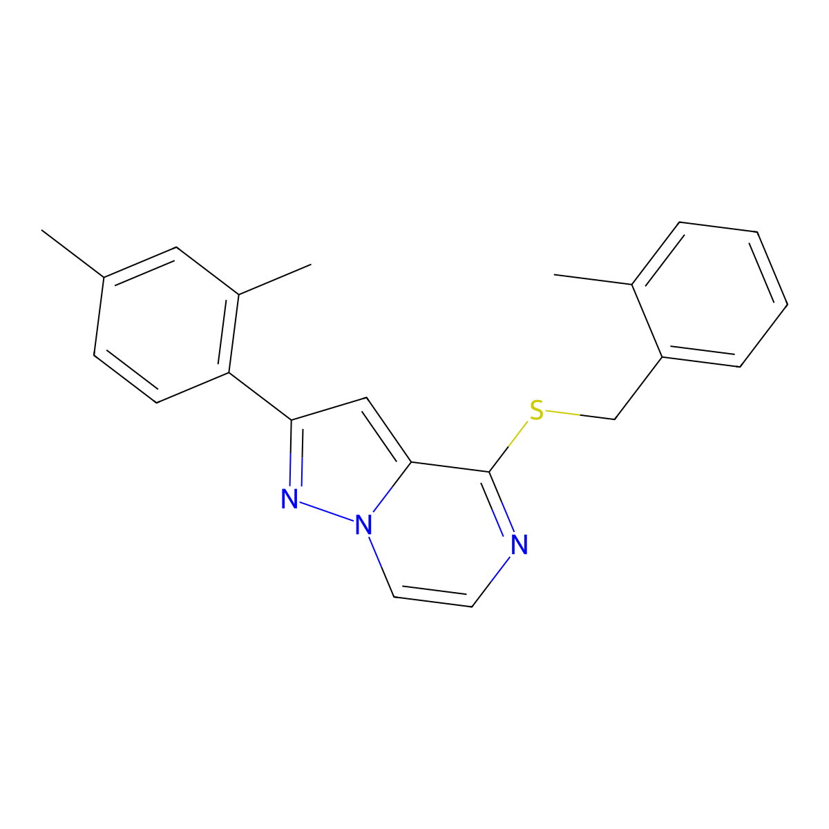 2-(2,4-Dimethylphenyl)-4-[(2-methylbenzyl)thio]pyrazolo[1,5-a]pyrazine molecular structure, CAS 1207044-91-4