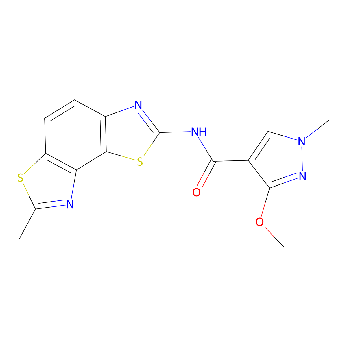 3-methoxy-1-methyl-N-{11-methyl-3,10-dithia-5,12-diazatricyclo[7.3.0.0^{2,6}]dodeca-1(9),2(6),4,7,11-pentaen-4-yl}-1H-pyrazole-4-carboxamide molecular structure, CAS 1207045-05-3