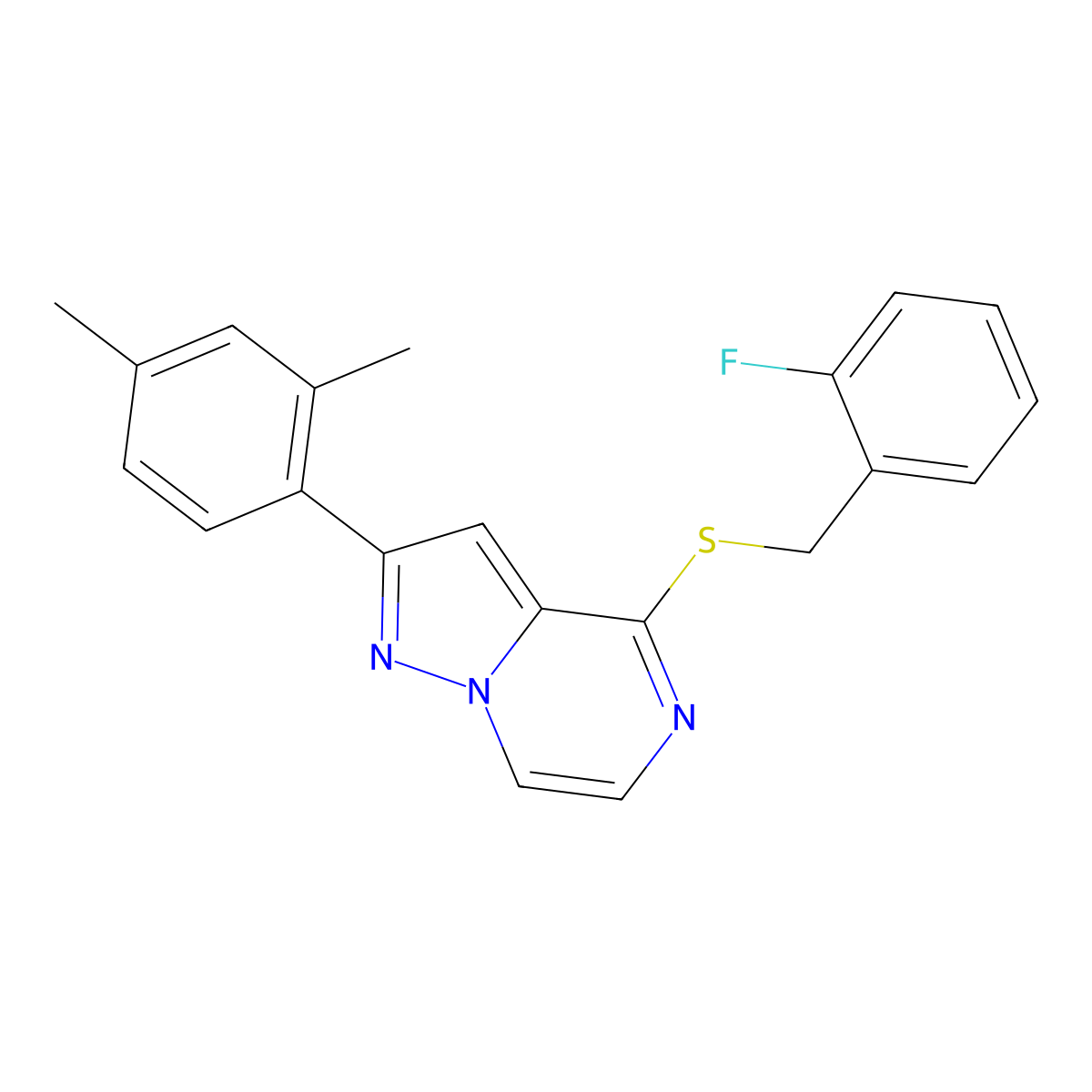 2-(2,4-Dimethylphenyl)-4-[(2-fluorobenzyl)thio]pyrazolo[1,5-a]pyrazine molecular structure, CAS 1207045-06-4