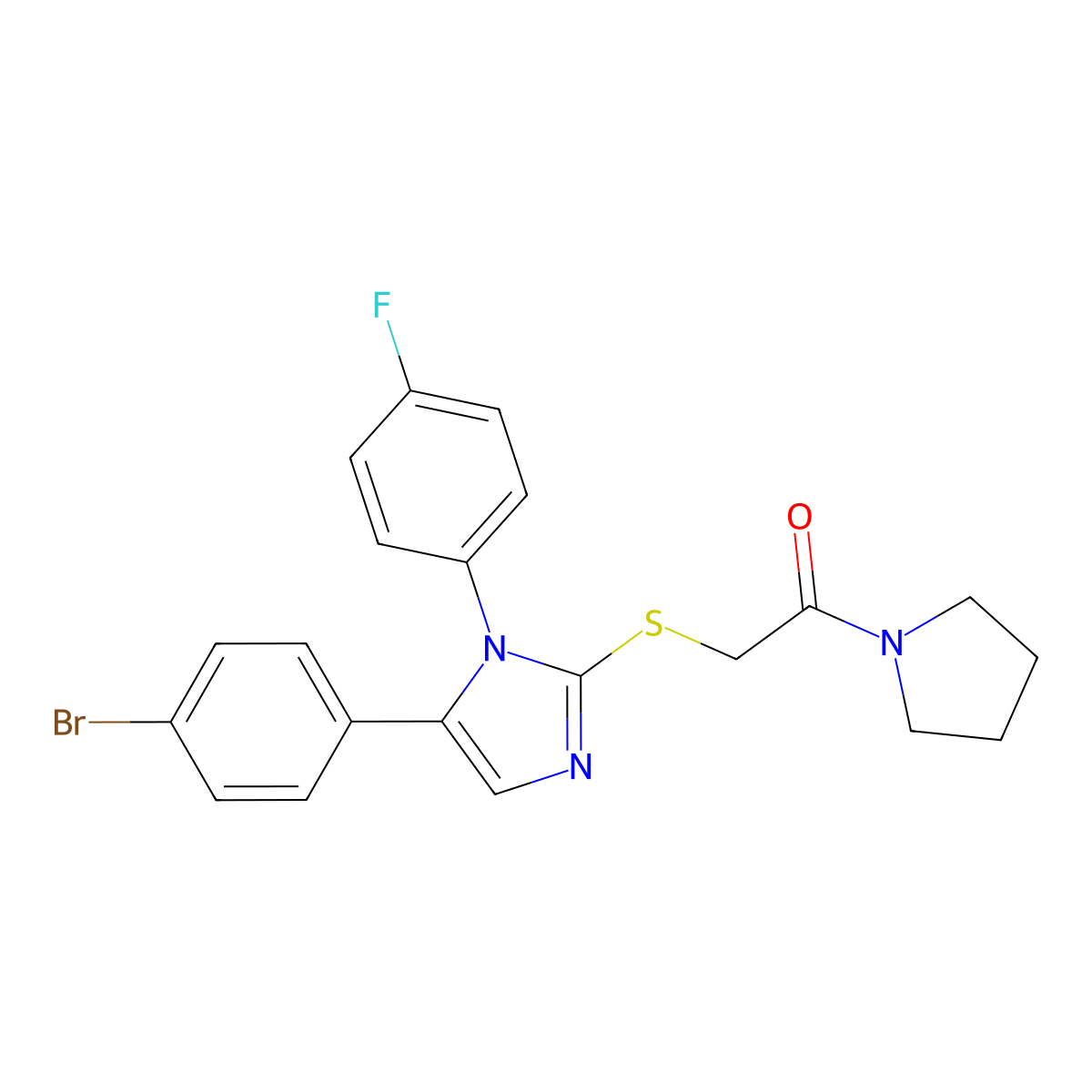 2-((5-(4-bromophenyl)-1-(4-fluorophenyl)-1H-imidazol-2-yl)thio)-1-(pyrrolidin-1-yl)ethanone molecular structure, CAS 1207045-07-5