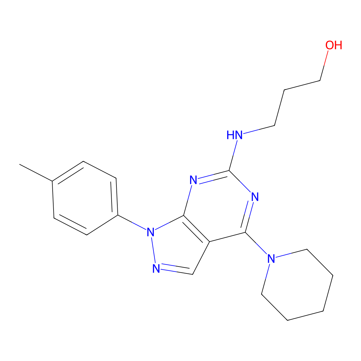 3-{[1-(4-methylphenyl)-4-(piperidin-1-yl)-1H-pyrazolo[3,4-d]pyrimidin-6-yl]amino}propan-1-ol molecular structure, CAS 1207045-14-4