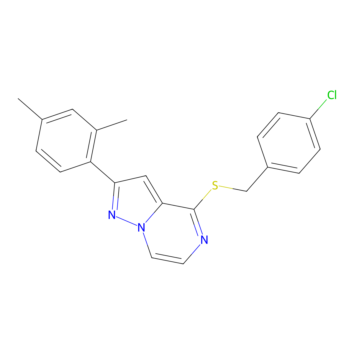 4-[(4-Chlorobenzyl)thio]-2-(2,4-dimethylphenyl)pyrazolo[1,5-a]pyrazine molecular structure, CAS 1207045-18-8