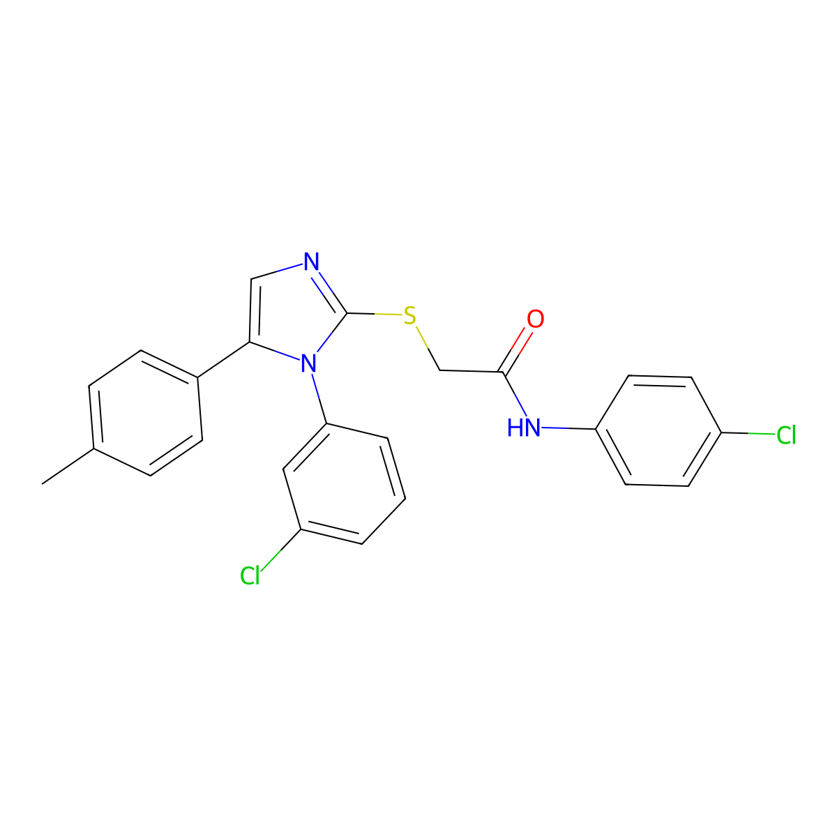 N-(4-chlorophenyl)-2-((1-(3-chlorophenyl)-5-(p-tolyl)-1H-imidazol-2-yl)thio)acetamide molecular structure, CAS 1207045-19-9