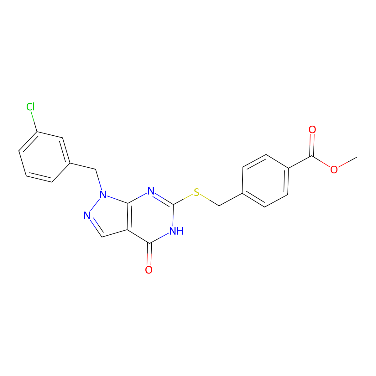 methyl 4-(((1-(3-chlorobenzyl)-4-oxo-4,5-dihydro-1H-pyrazolo[3,4-d]pyrimidin-6-yl)thio)methyl)benzoate molecular structure, CAS 1207045-23-5