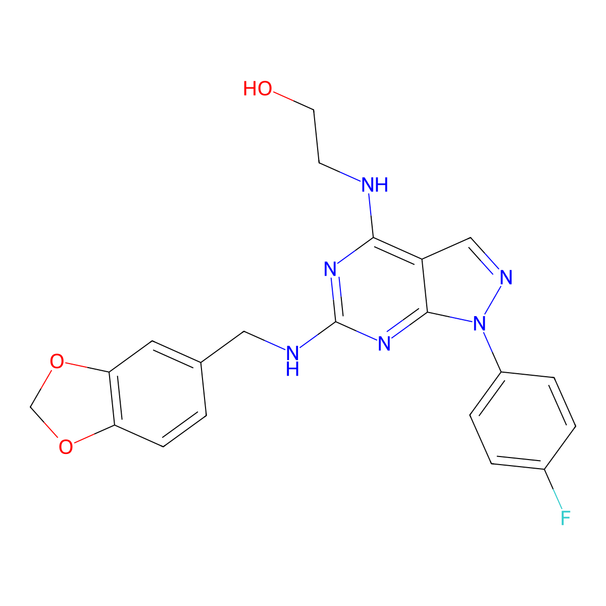 2-((6-((benzo[d][1,3]dioxol-5-ylmethyl)amino)-1-(4-fluorophenyl)-1H-pyrazolo[3,4-d]pyrimidin-4-yl)amino)ethanol molecular structure, CAS 1207045-32-6