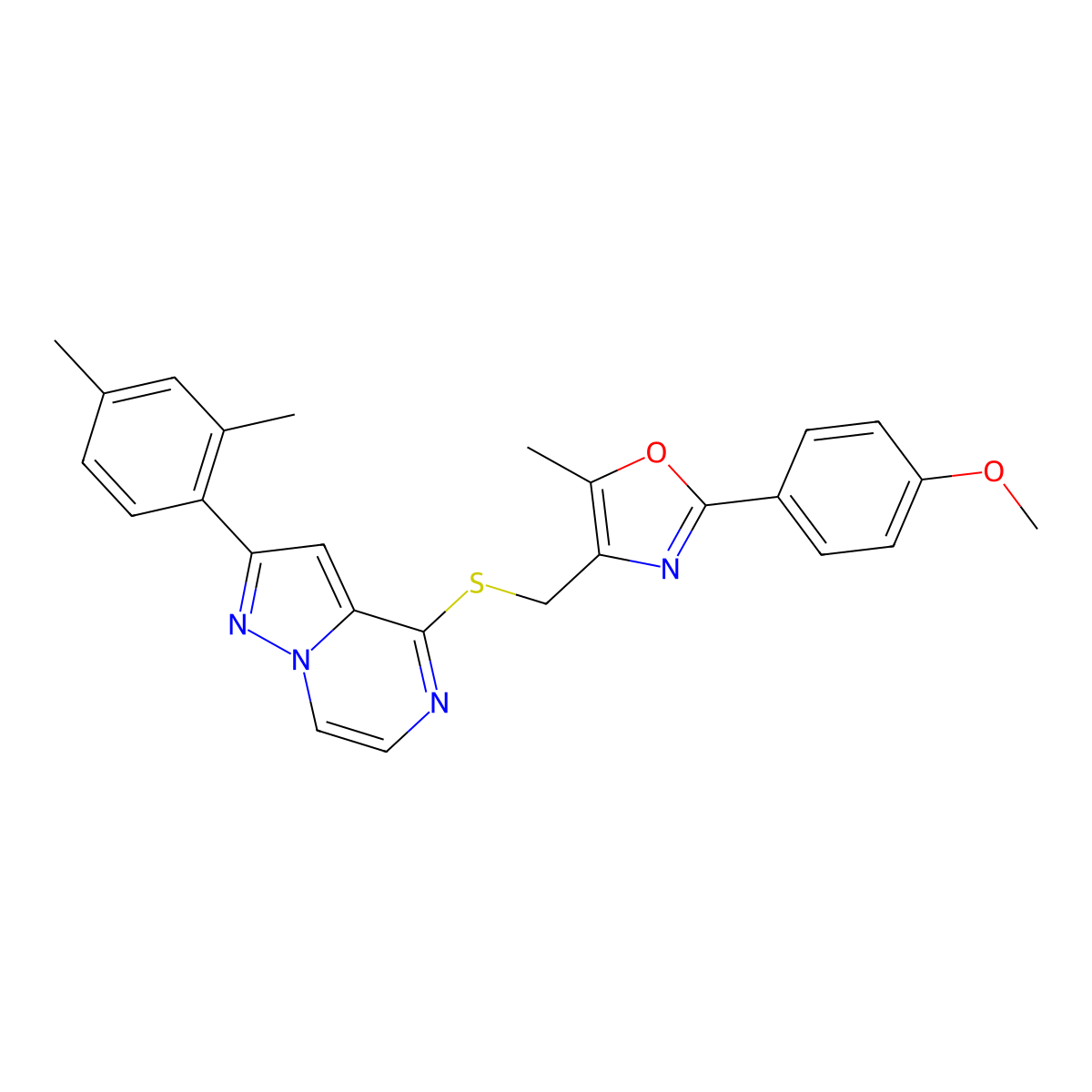 4-({[2-(2,4-Dimethylphenyl)pyrazolo[1,5-A]pyrazin-4-YL]sulfanyl}methyl)-2-(4-methoxyphenyl)-5-methyl-1,3-oxazole molecular structure, CAS 1207045-35-9