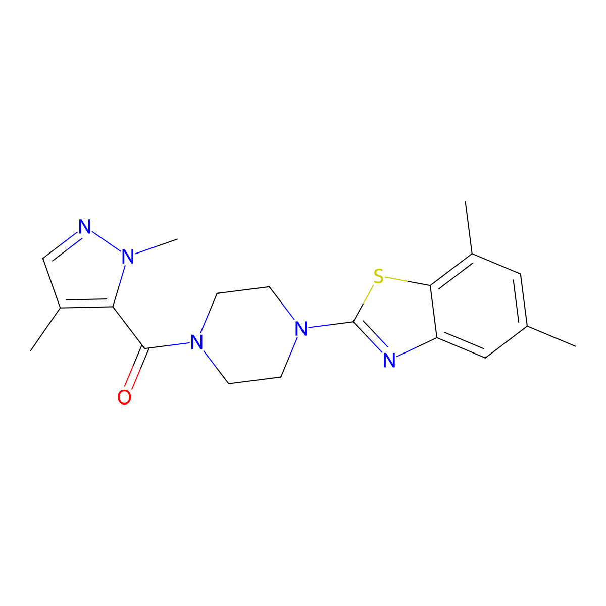 (1,4-dimethyl-1H-pyrazol-5-yl)(4-(5,7-dimethylbenzo[d]thiazol-2-yl)piperazin-1-yl)methanone molecular structure, CAS 1207045-41-7