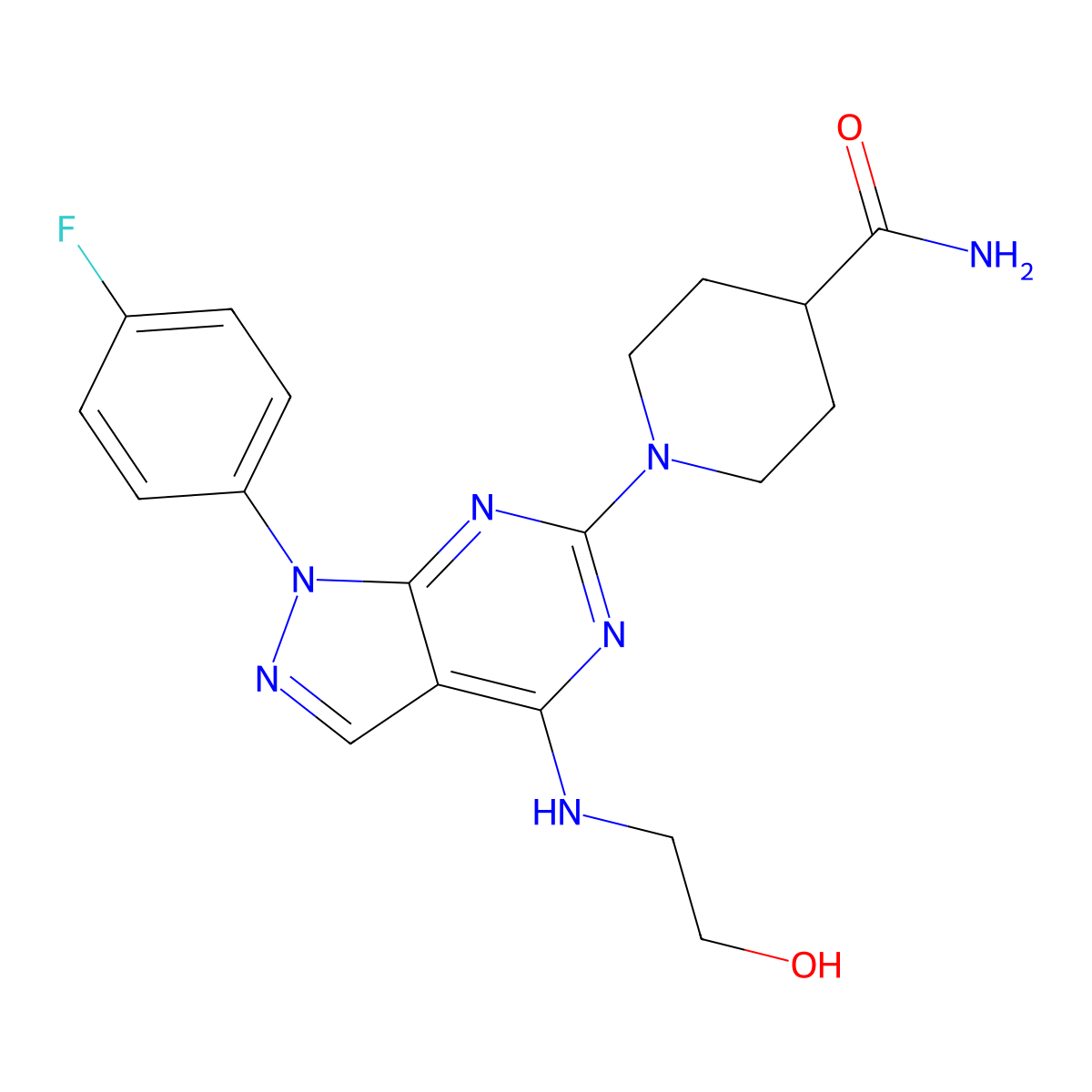 1-(1-(4-fluorophenyl)-4-((2-hydroxyethyl)amino)-1H-pyrazolo[3,4-d]pyrimidin-6-yl)piperidine-4-carboxamide molecular structure, CAS 1207045-49-5