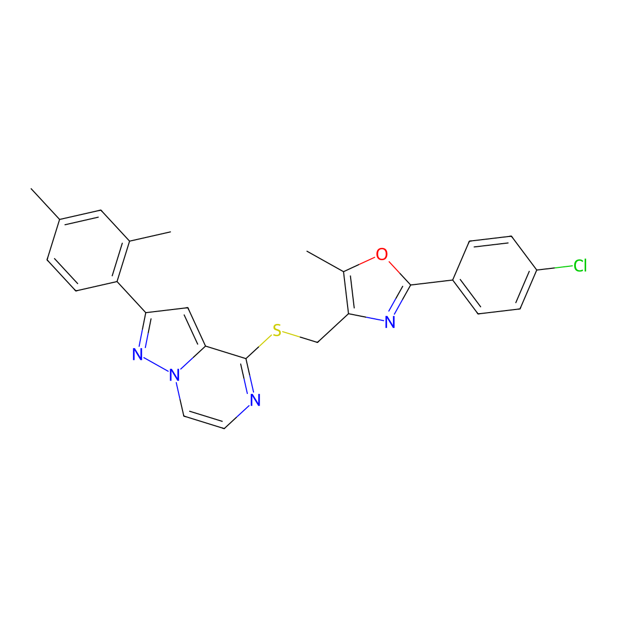 4-({[2-(4-Chlorophenyl)-5-methyl-1,3-oxazol-4-yl]methyl}thio)-2-(2,4-dimethylphenyl)pyrazolo[1,5-a]pyrazine molecular structure, CAS 1207045-50-8