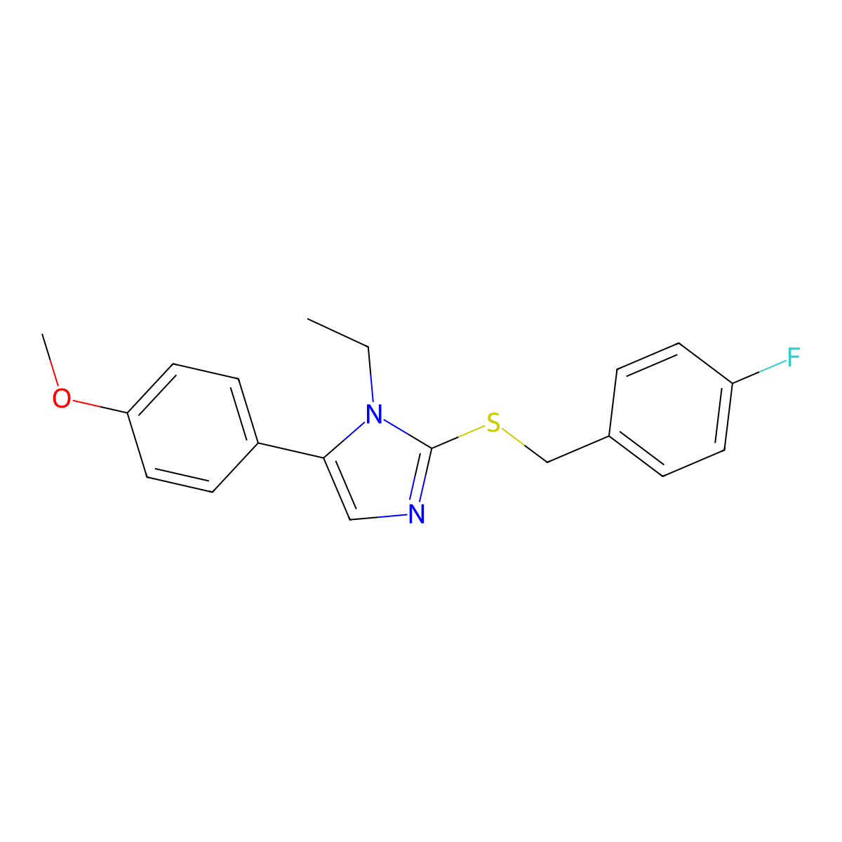 1-ethyl-2-((4-fluorobenzyl)thio)-5-(4-methoxyphenyl)-1H-imidazole molecular structure, CAS 1207045-53-1