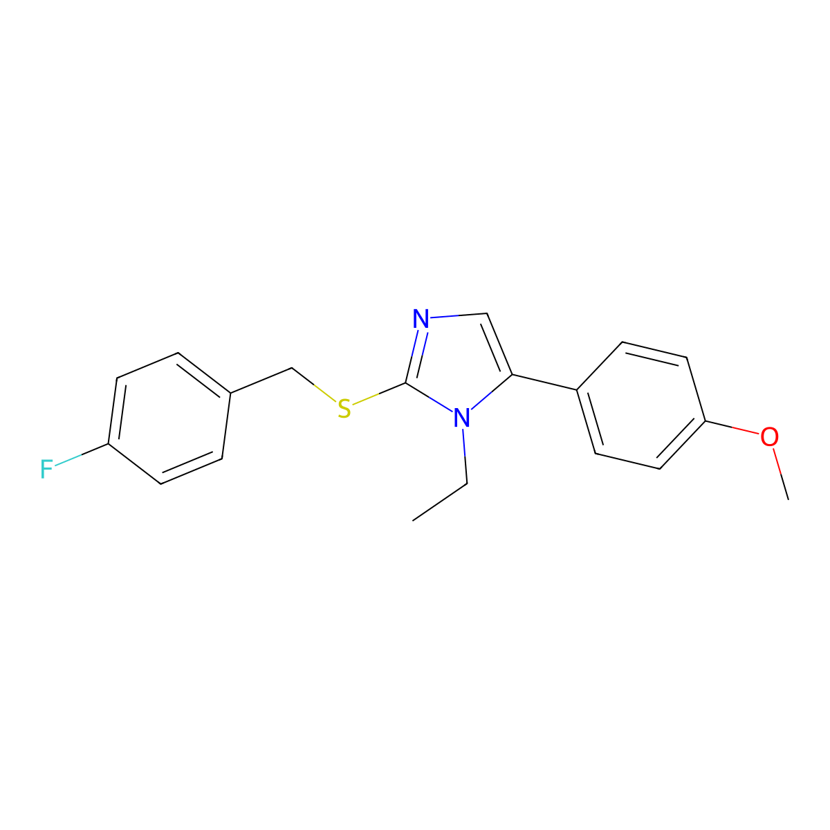 1-ethyl-2-((4-fluorobenzyl)thio)-5-(4-methoxyphenyl)-1H-imidazole molecular structure, CAS 1207045-53-1