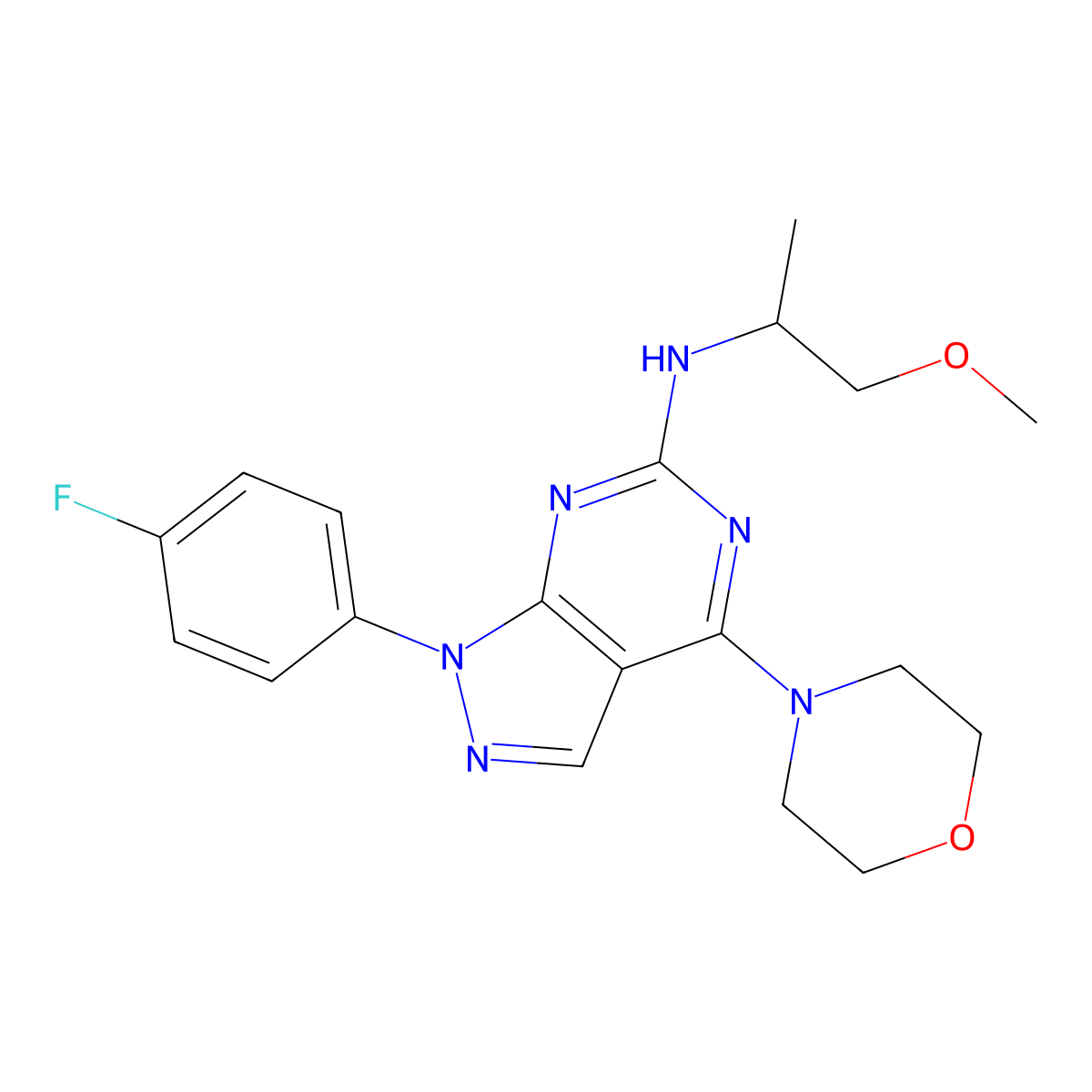 1-(4-fluorophenyl)-N-(1-methoxypropan-2-yl)-4-morpholino-1H-pyrazolo[3,4-d]pyrimidin-6-amine molecular structure, CAS 1207045-57-5