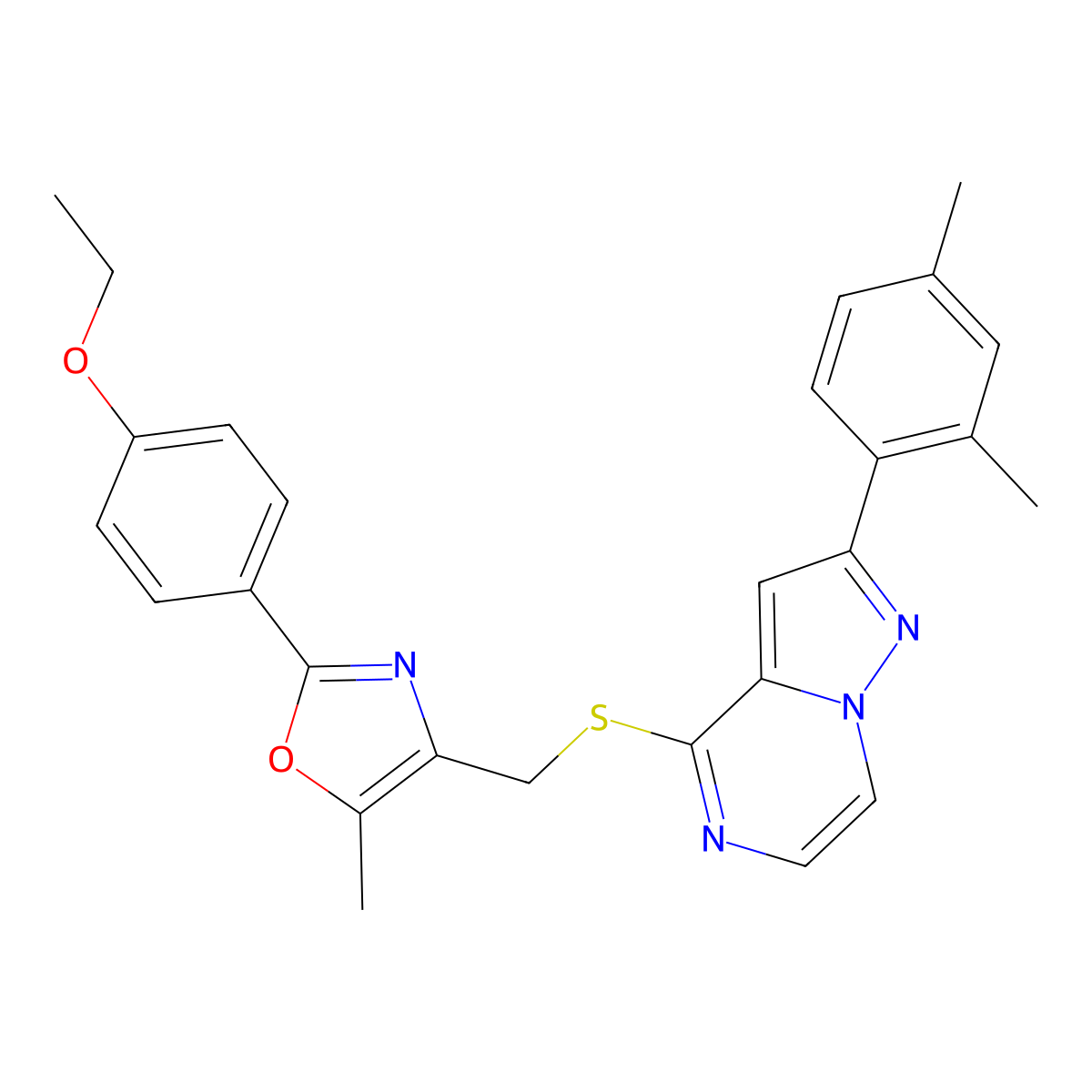 4-({[2-(2,4-Dimethylphenyl)pyrazolo[1,5-A]pyrazin-4-YL]sulfanyl}methyl)-2-(4-ethoxyphenyl)-5-methyl-1,3-oxazole molecular structure, CAS 1207045-61-1