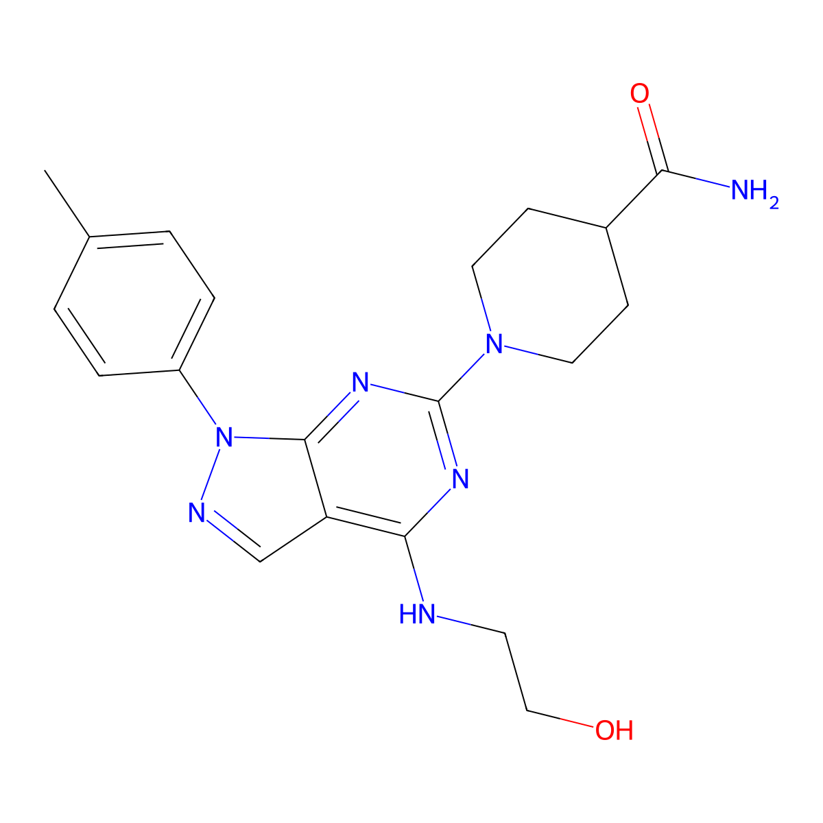 1-(4-((2-hydroxyethyl)amino)-1-(p-tolyl)-1H-pyrazolo[3,4-d]pyrimidin-6-yl)piperidine-4-carboxamide molecular structure, CAS 1207045-64-4