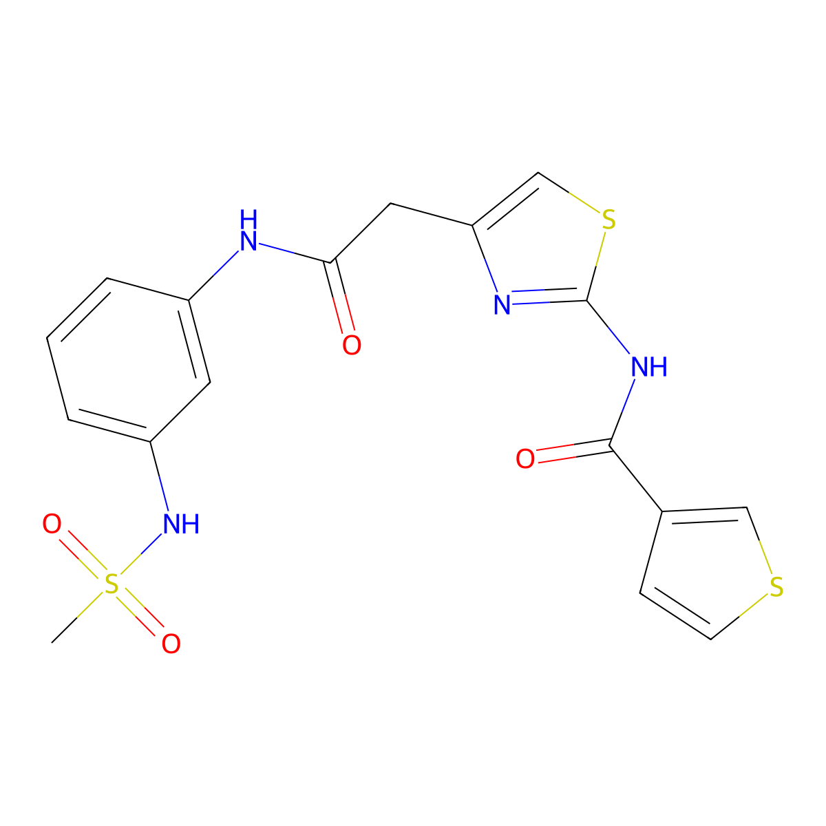 N-(4-{[(3-methanesulfonamidophenyl)carbamoyl]methyl}-1,3-thiazol-2-yl)thiophene-3-carboxamide molecular structure, CAS 1207045-76-8