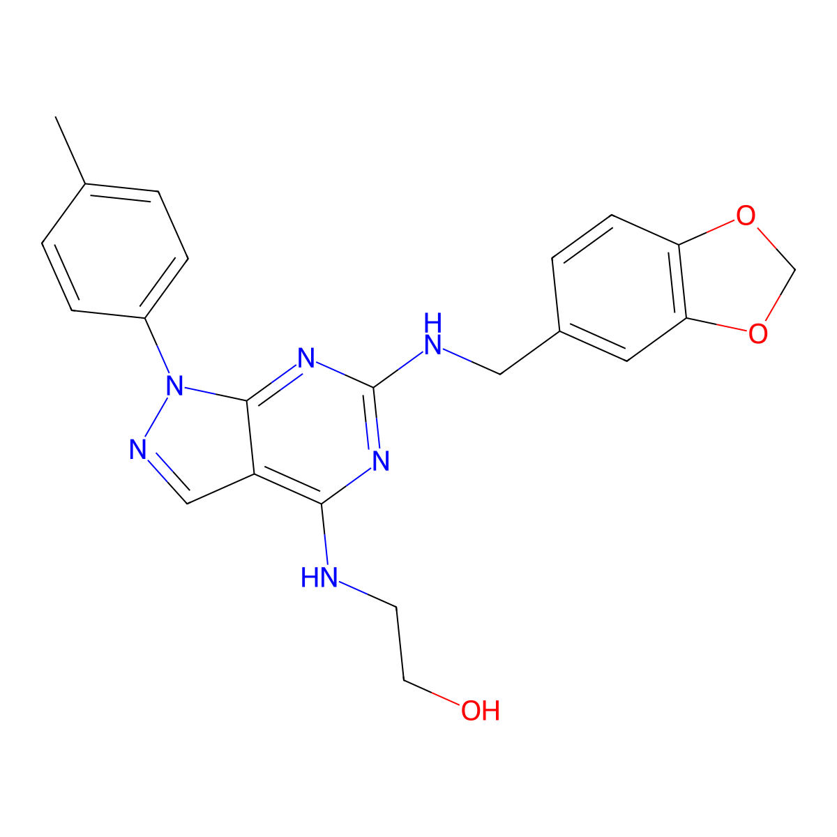 2-((6-((benzo[d][1,3]dioxol-5-ylmethyl)amino)-1-(p-tolyl)-1H-pyrazolo[3,4-d]pyrimidin-4-yl)amino)ethanol molecular structure, CAS 1207045-78-0