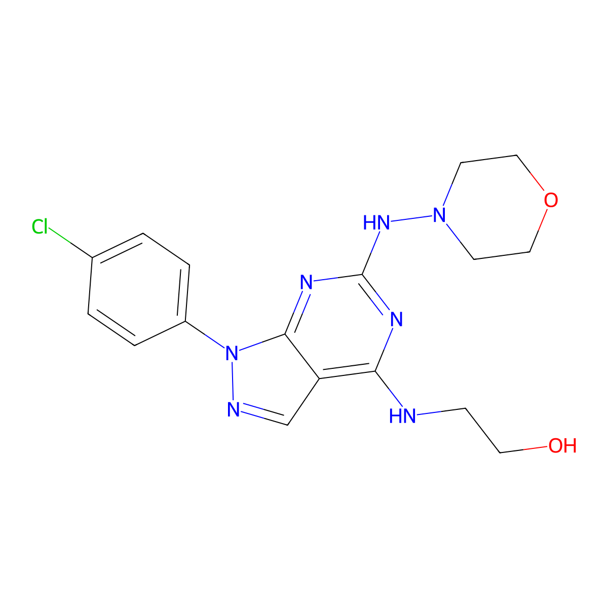 2-((1-(4-chlorophenyl)-6-(morpholinoamino)-1H-pyrazolo[3,4-d]pyrimidin-4-yl)amino)ethanol molecular structure, CAS 1207045-80-4
