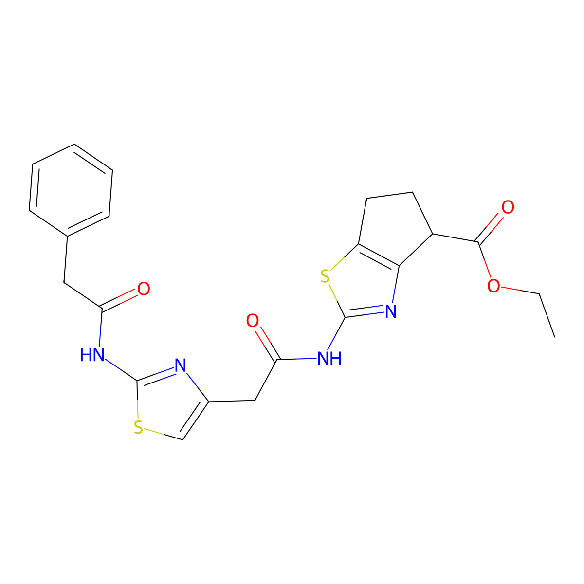 ethyl 2-(2-(2-(2-phenylacetamido)thiazol-4-yl)acetamido)-5,6-dihydro-4H-cyclopenta[d]thiazole-4-carboxylate molecular structure, CAS 1207045-96-2