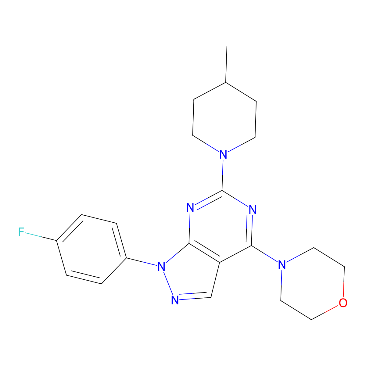 4-(1-(4-fluorophenyl)-6-(4-methylpiperidin-1-yl)-1H-pyrazolo[3,4-d]pyrimidin-4-yl)morpholine molecular structure, CAS 1207045-97-3