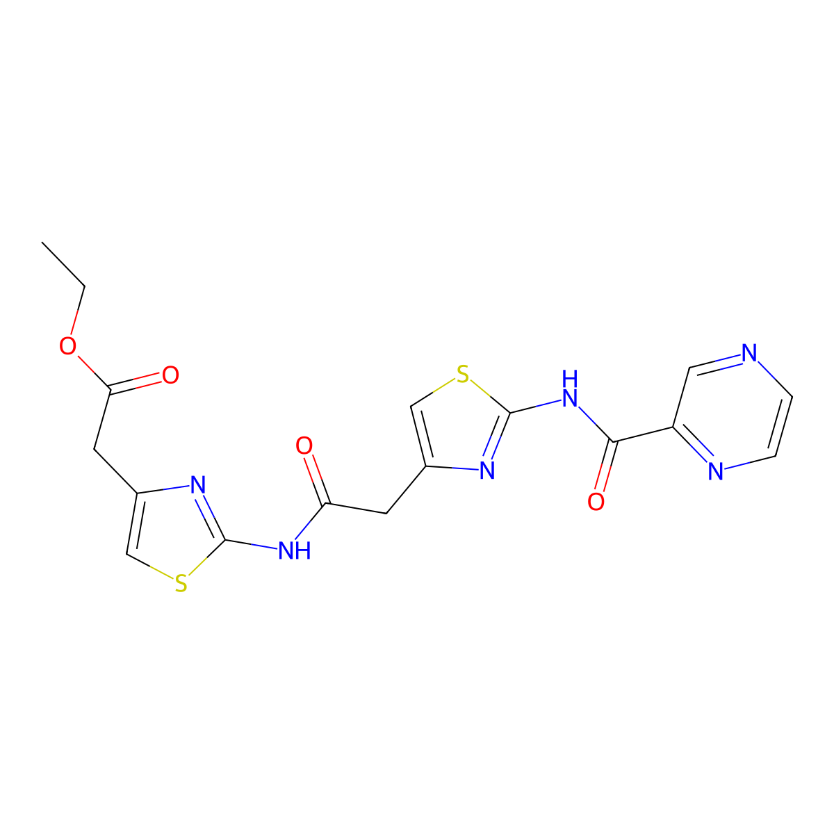Ethyl 2-(2-(2-(2-(pyrazine-2-carboxamido)thiazol-4-yl)acetamido)thiazol-4-yl)acetate molecular structure, CAS 1207046-08-9