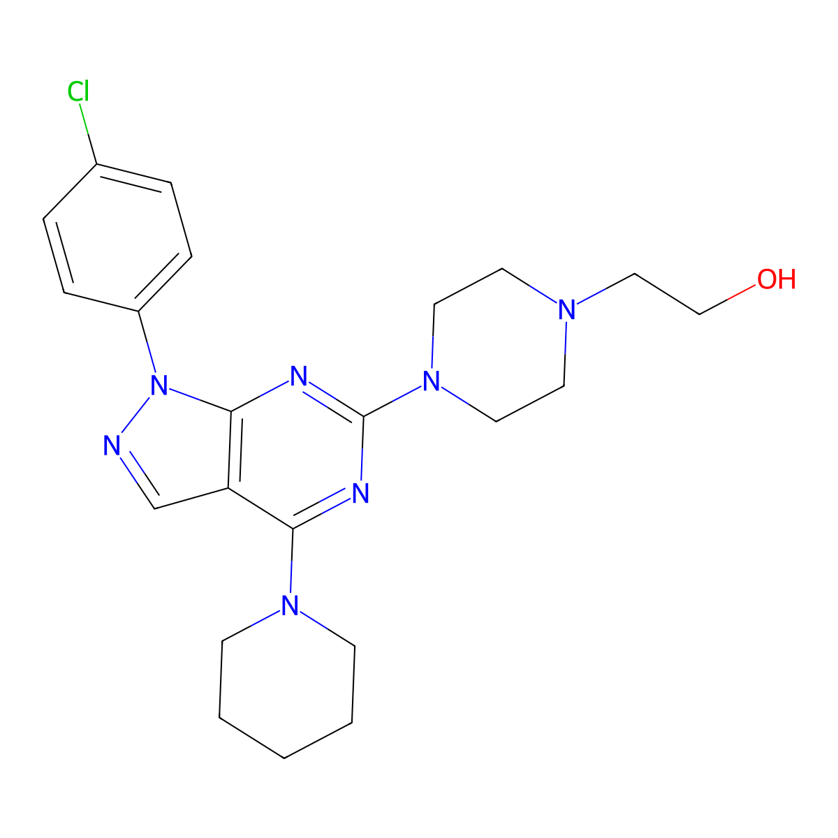 2-(4-(1-(4-chlorophenyl)-4-(piperidin-1-yl)-1H-pyrazolo[3,4-d]pyrimidin-6-yl)piperazin-1-yl)ethanol molecular structure, CAS 1207046-09-0