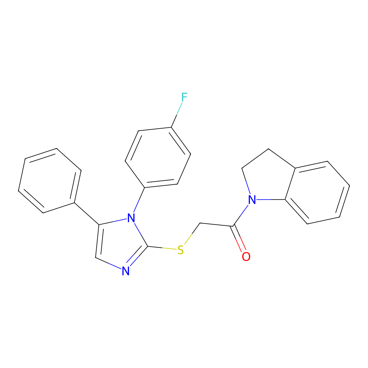 2-((1-(4-fluorophenyl)-5-phenyl-1H-imidazol-2-yl)thio)-1-(indolin-1-yl)ethanone molecular structure, CAS 1207046-12-5