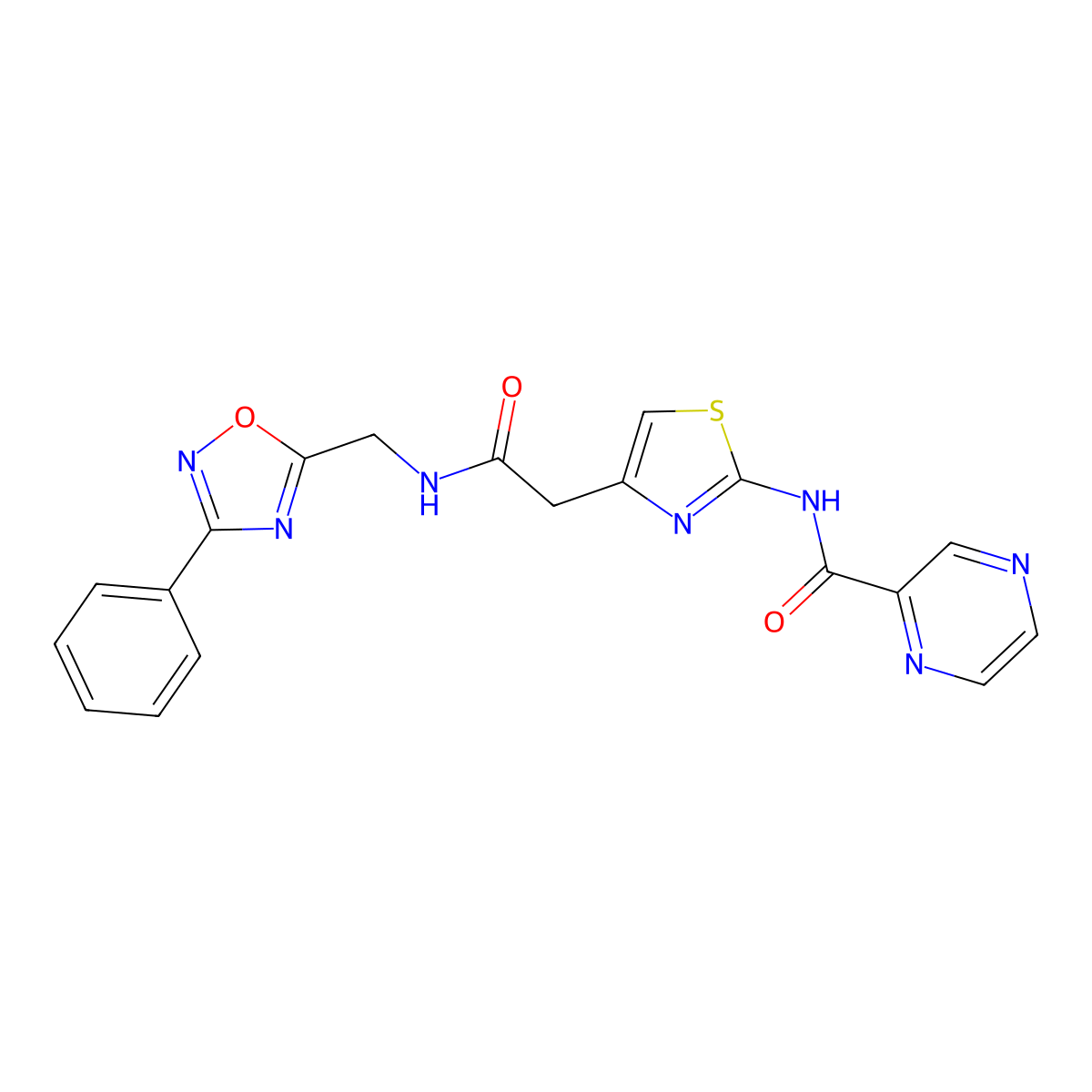 N-(4-(2-oxo-2-(((3-phenyl-1,2,4-oxadiazol-5-yl)methyl)amino)ethyl)thiazol-2-yl)pyrazine-2-carboxamide molecular structure, CAS 1207046-15-8