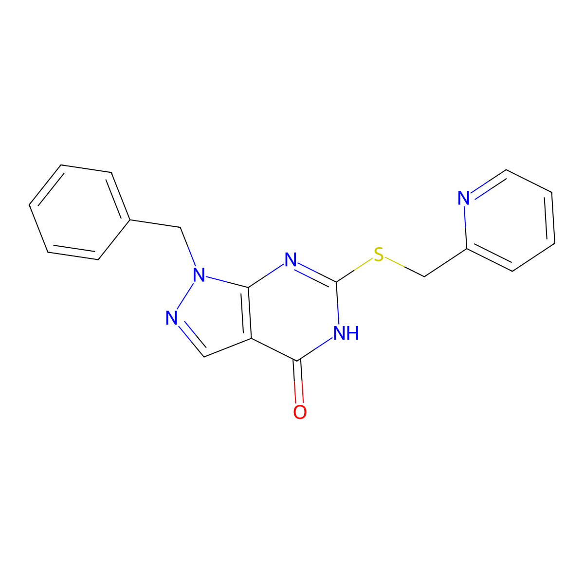 1-benzyl-6-((pyridin-2-ylmethyl)thio)-1H-pyrazolo[3,4-d]pyrimidin-4(5H)-one molecular structure, CAS 1207046-17-0