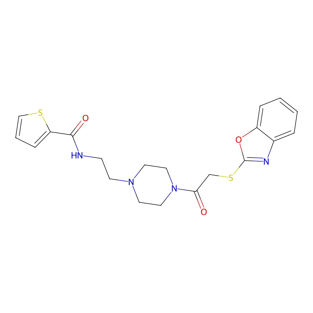 N-(2-(4-(2-(benzo[d]oxazol-2-ylthio)acetyl)piperazin-1-yl)ethyl)thiophene-2-carboxamide molecular structure, CAS 1207046-24-9