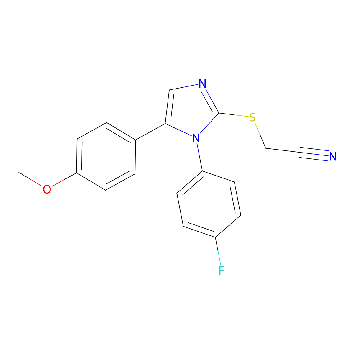 2-((1-(4-fluorophenyl)-5-(4-methoxyphenyl)-1H-imidazol-2-yl)thio)acetonitrile molecular structure, CAS 1207046-46-5