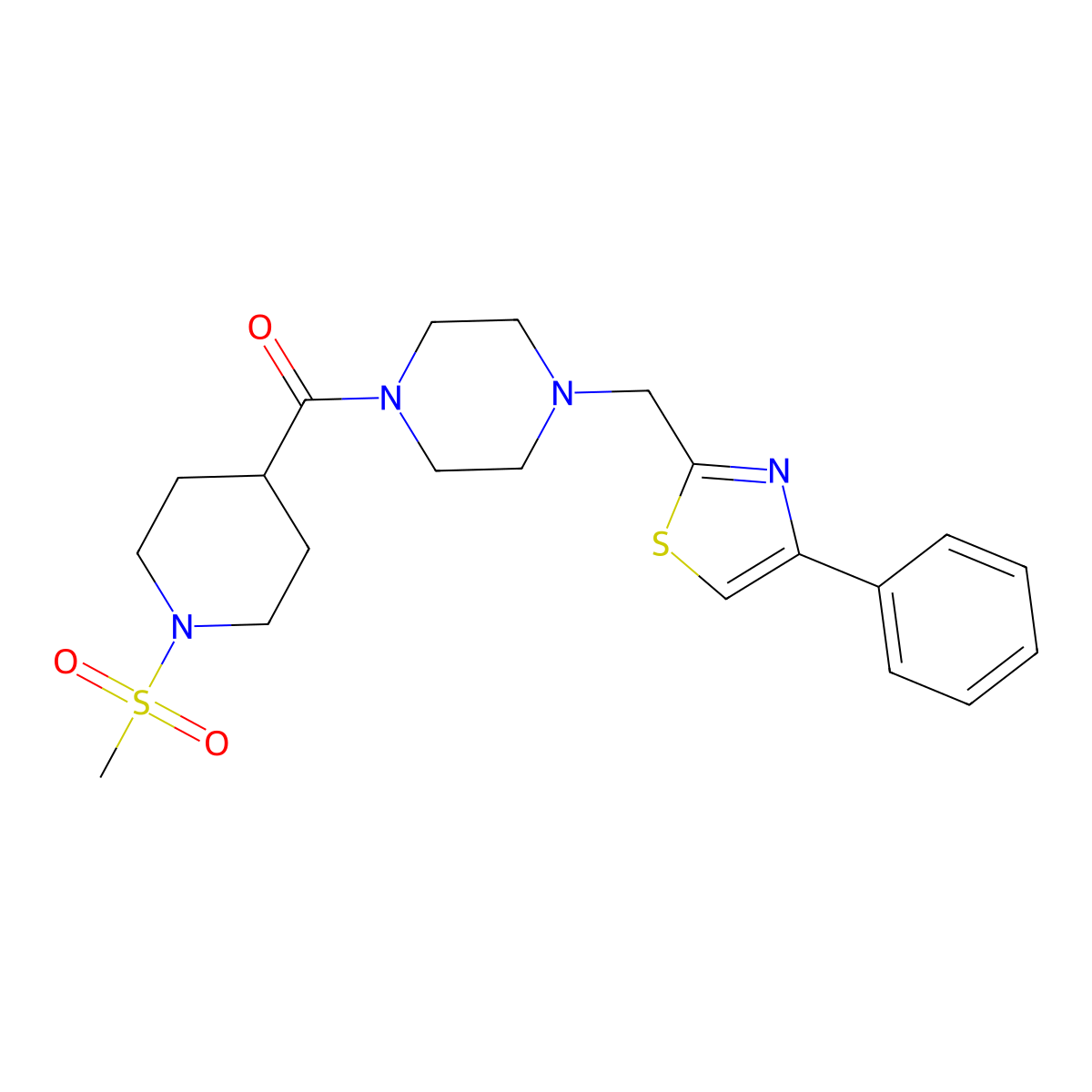 (1-(Methylsulfonyl)piperidin-4-yl)(4-((4-phenylthiazol-2-yl)methyl)piperazin-1-yl)methanone molecular structure, CAS 1207046-48-7