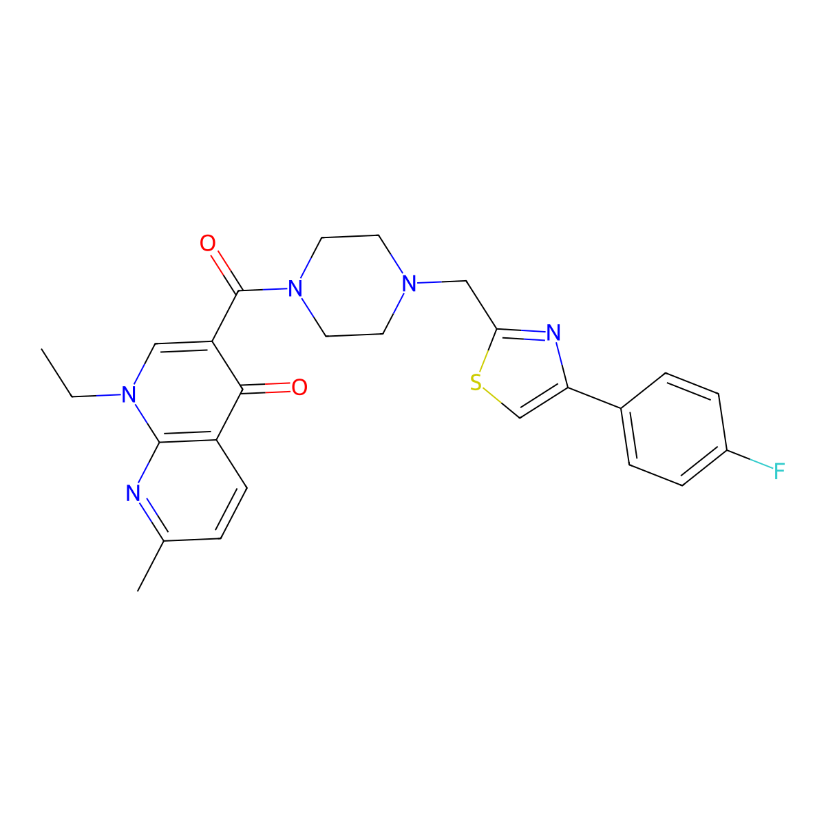 1-ethyl-3-(4-((4-(4-fluorophenyl)thiazol-2-yl)methyl)piperazine-1-carbonyl)-7-methyl-1,8-naphthyridin-4(1H)-one molecular structure, CAS 1207046-57-8