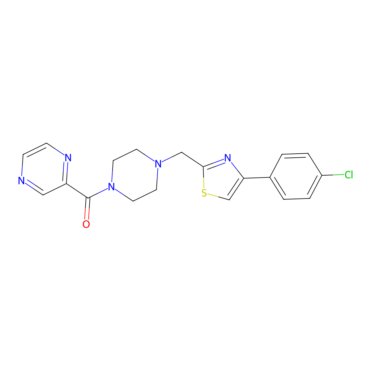 (4-((4-(4-Chlorophenyl)thiazol-2-yl)methyl)piperazin-1-yl)(pyrazin-2-yl)methanone molecular structure, CAS 1207046-66-9