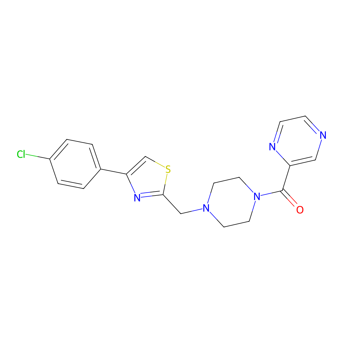 (4-((4-(4-Chlorophenyl)thiazol-2-yl)methyl)piperazin-1-yl)(pyrazin-2-yl)methanone molecular structure, CAS 1207046-66-9