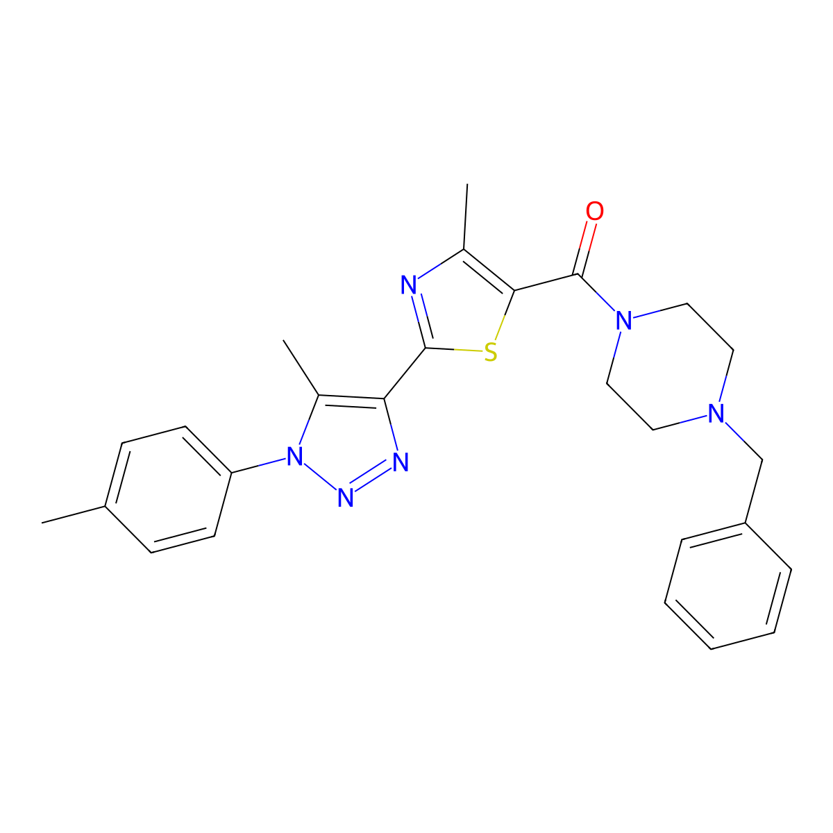 (4-benzylpiperazin-1-yl)(4-methyl-2-(5-methyl-1-(p-tolyl)-1H-1,2,3-triazol-4-yl)thiazol-5-yl)methanone molecular structure, CAS 1207046-67-0