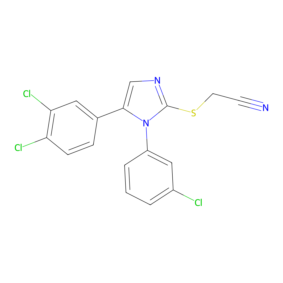 2-((1-(3-chlorophenyl)-5-(3,4-dichlorophenyl)-1H-imidazol-2-yl)thio)acetonitrile molecular structure, CAS 1207046-76-1