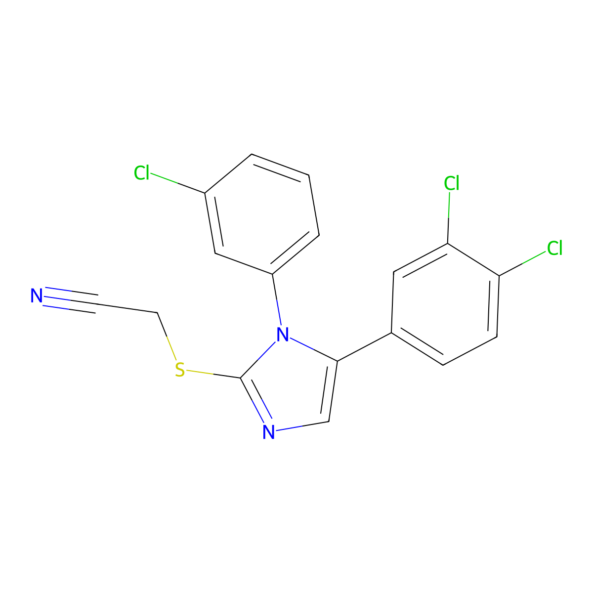 2-((1-(3-chlorophenyl)-5-(3,4-dichlorophenyl)-1H-imidazol-2-yl)thio)acetonitrile molecular structure, CAS 1207046-76-1