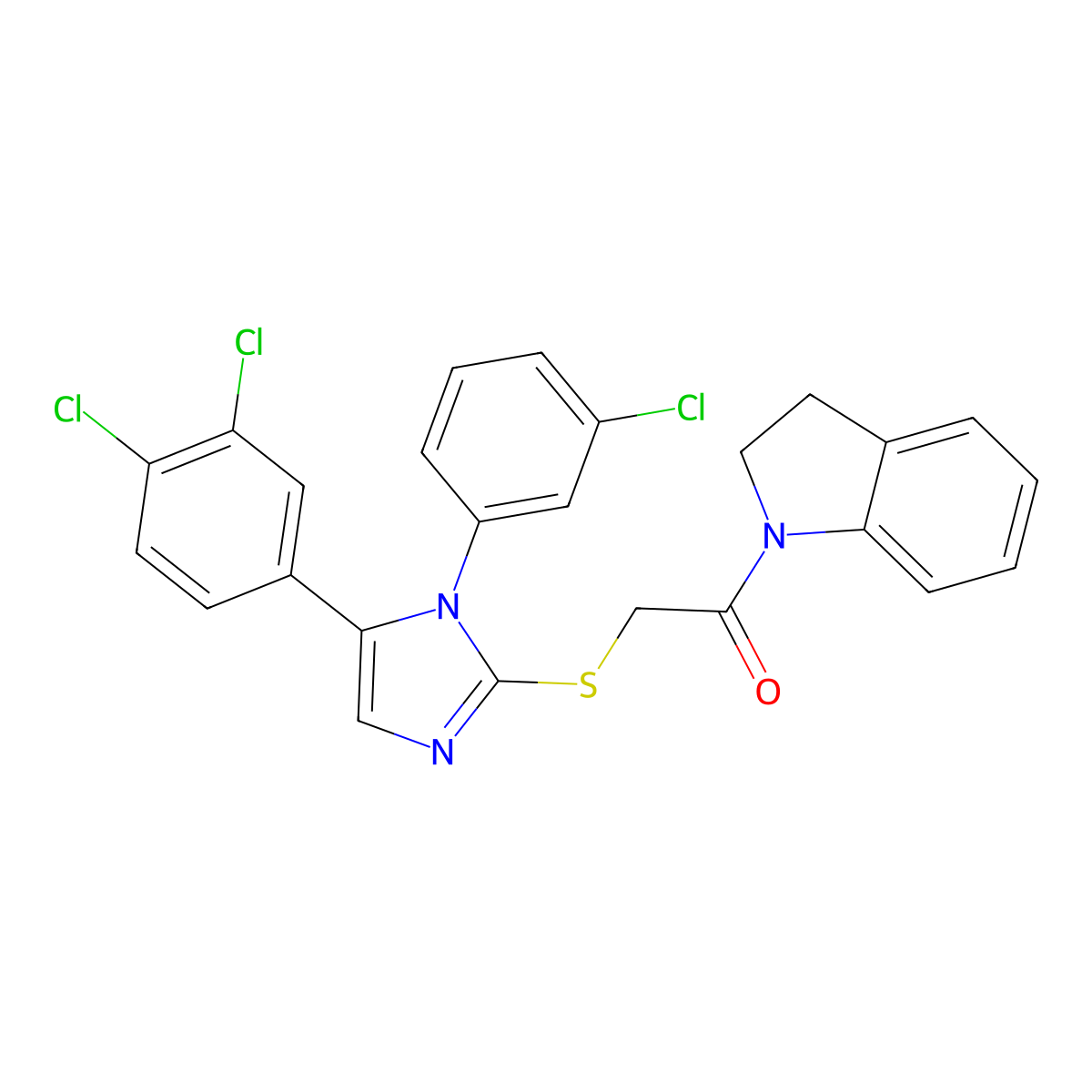 2-((1-(3-chlorophenyl)-5-(3,4-dichlorophenyl)-1H-imidazol-2-yl)thio)-1-(indolin-1-yl)ethanone molecular structure, CAS 1207046-97-6